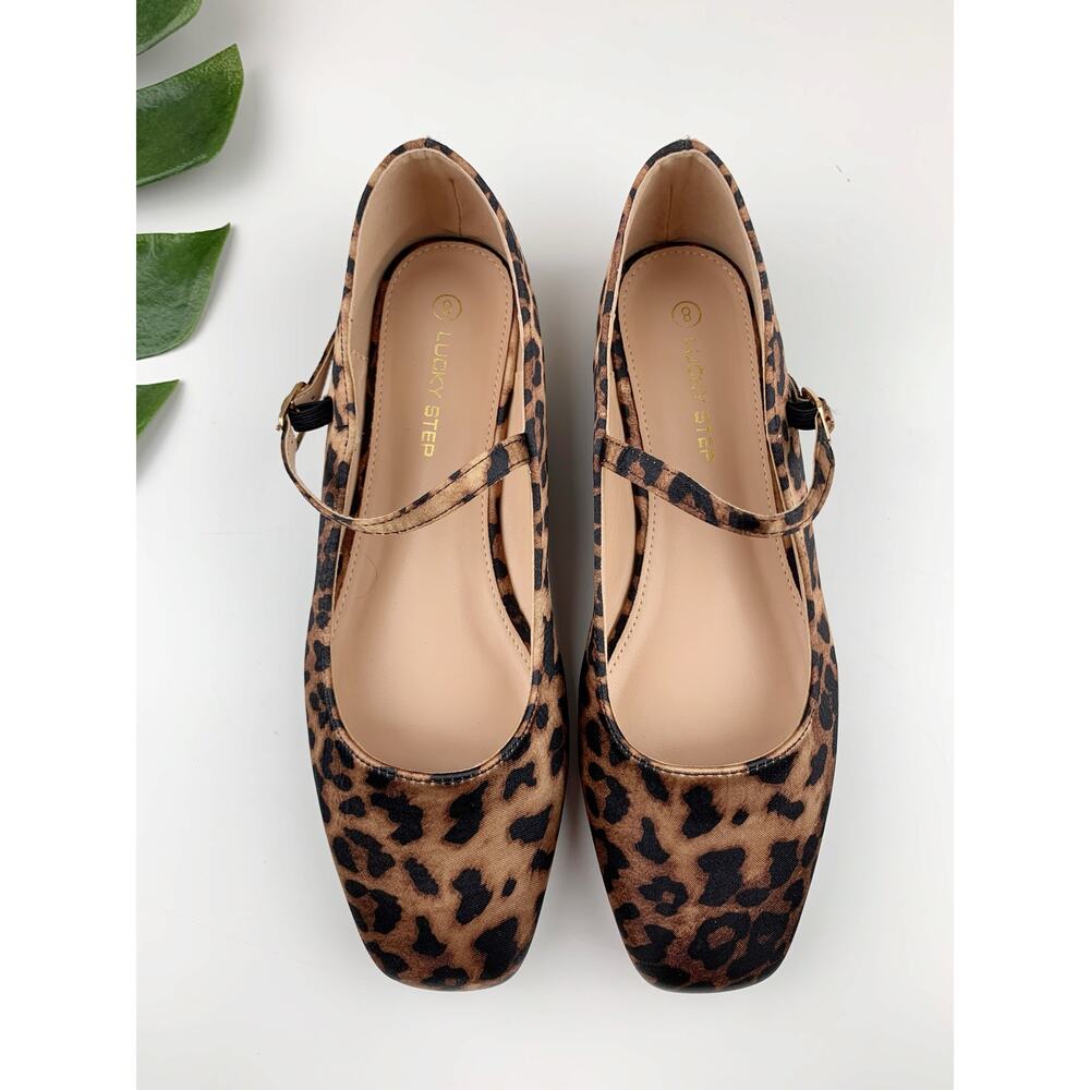 Lucky Step Mary Jane Ballet Flats Satin Leopard Print Square Toe Women's 38 US 8